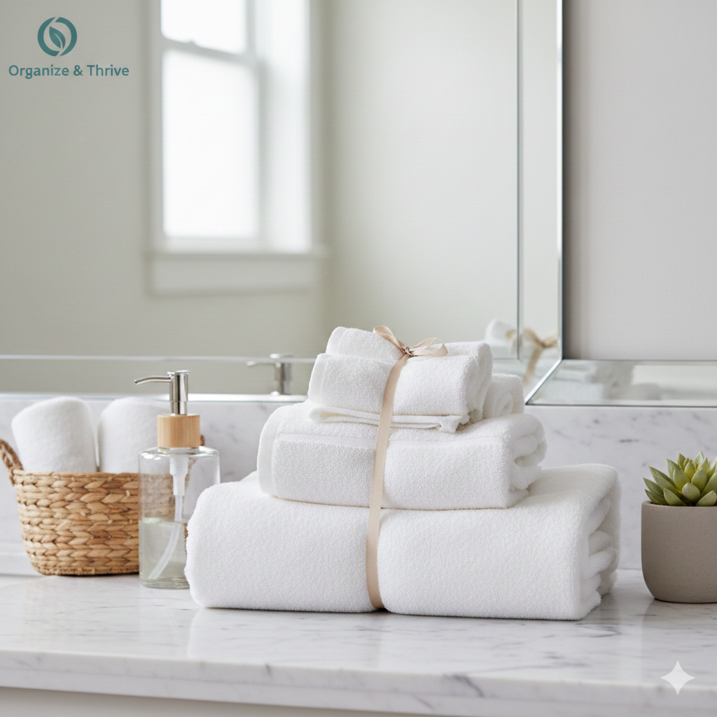 Neatly folded and organized towels in calming colors